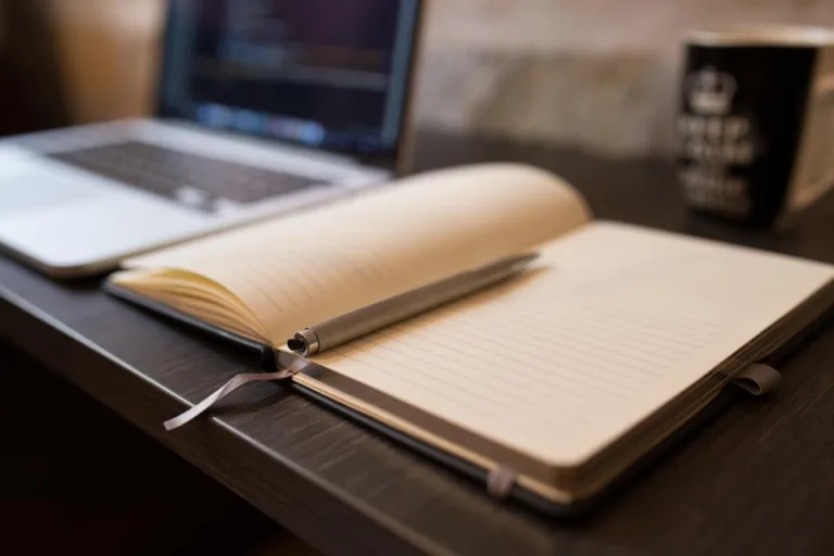 Open notebook and pen on a wooden desk next to a laptop