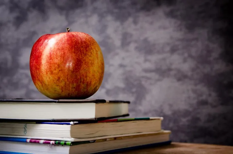A red apple resting on a stack of books