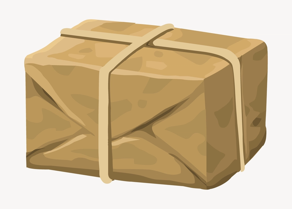 Illustration of a parcel wrapped in brown paper and tied with string
